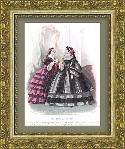 Антикварная гравюра 19 века с ручной акварельной раскраской "Платья для променада"