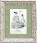 Парижская мода 1839 г.: бальные и свадебные платья. Старинная гравюра с ручной раскраской