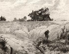 Сельский пейзаж. Оригинальный офорт Ф. Холленберга, 1898 г.