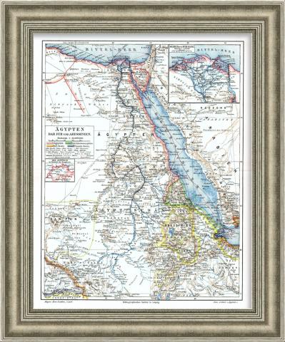 Египет, Абиссиния и Суэцкий канал. Антикварная карта в раме