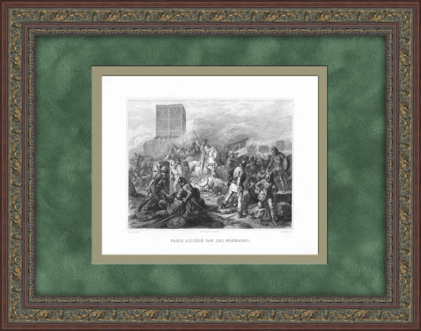 Париж, осажденный норманнами, антикварная гравюра в раме