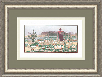 Птичница, колхоз Мячиково. Авторская, советская гравюра