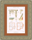 Жилой дом эпохи эклектики: Архитектурные элементы и планы этажей, старинная литография в раме