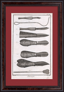 Хирургические инструменты для лечения мочекаменной болезни в 18 веке. Старинная гравюра