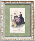 Парижская мода 1842 года: дамские платья. Антикварная гравюра с ручной раскраской