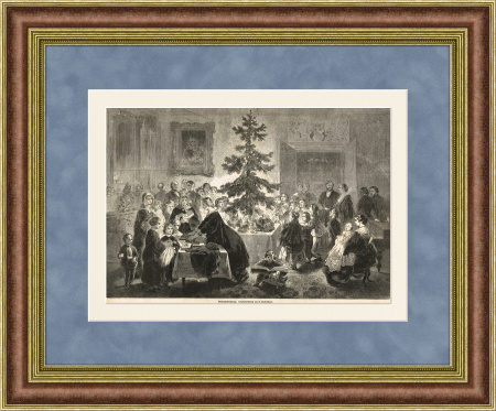 Рождественские подарки. Старинная гравюра в раме, 1863 г.