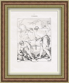 Металлургия: кузница Вулкана. Старинная гравюра с картины Луки Джордано