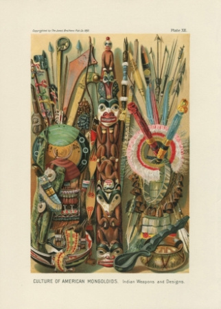 пара хромолитографий "одежда, оружие и быт монголов и американских индейцев"