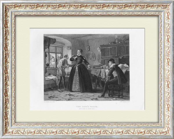 У дамского портного. Антикварная гравюра 19 века в раме