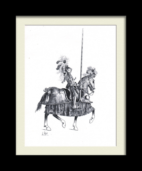 Рыцарь в военном обмундировании 16 века. Старинная гравюра 19 века