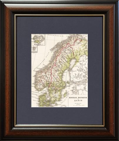 Швеция, Норвегия и Дания. Антикварная географическая карта. 1880-е гг.