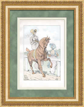 Всадница на лошади. Старинная хромолитография 19 века
