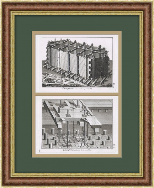 Деревянные конструкции и распил свай. Cтаринные гравюры в раме