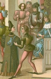 Средневековье: аудиенция у монарха, дамы поют и музицируют. Старинная литография