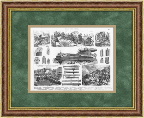 Пушки и артиллерия, старинная гравюра 19 века в раме