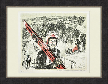 Лыжи "Динамо": портрет мастера спорта Александра Петрова. Авторская литография Н. Дьяковой Лыжи "Динамо": портрет мастера спорта Александра Петрова. Авторская литография Н. Дьяковой