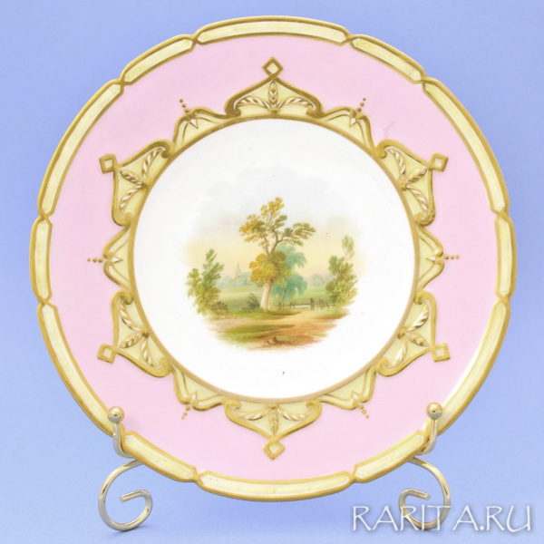 Антикварная декоративная тарелка из линии "Пейзажи старой Англии: у границы владений" с ручной росписью и золотой разделкой, 1865-80 гг.
