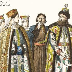 Древняя Русь: костюмы царя и бояр, раскрашенная от руки литография 1889 года