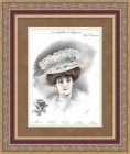 Парижская мода - дама в кружевной шляпе. Антикварная литография