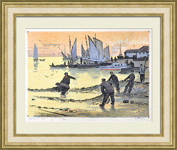 Рыбаки. Вечер на море. Старинная автолитография