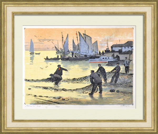 Рыбаки. Вечер на море. Старинная автолитография