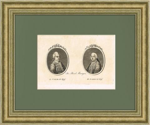 Два портрета выдающихся театральных деятелей 18 века: Дж.Колмена и Д.Гаррика. Антикварная гравюра