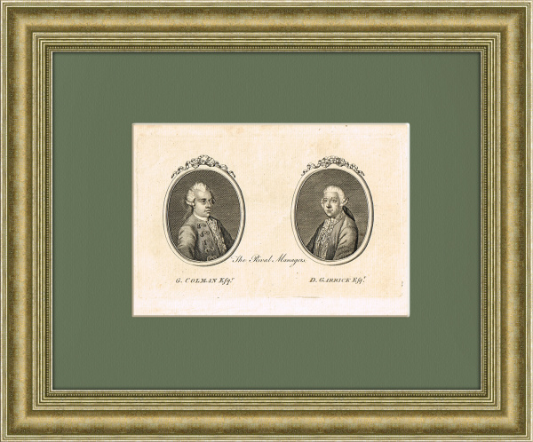 Два портрета выдающихся театральных деятелей 18 века: Дж.Колмена и Д.Гаррика. Антикварная гравюра