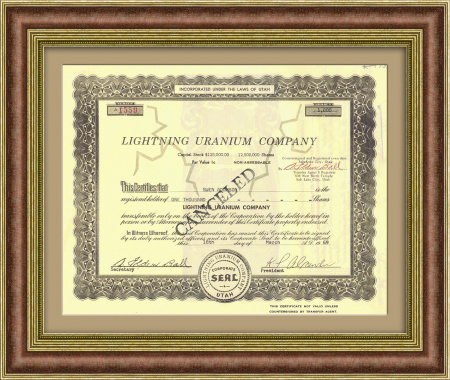 Акция компании по добыче урана Lightning Uranium Company. 1969 год, штат Юта