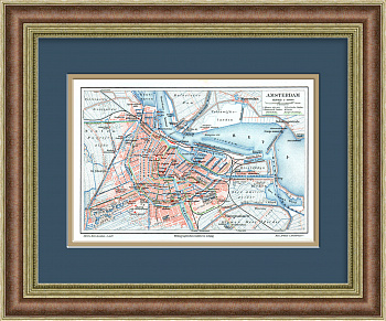 Амстердам, карта 19 века. Литография в раме