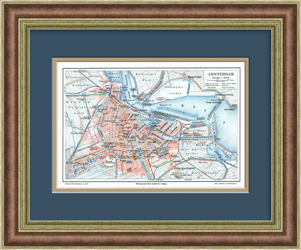 Амстердам, карта 19 века. Литография в раме