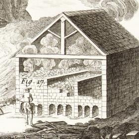 Каменоломня и обжиг гипса. Cтаринная гравюра, 1770-е гг.