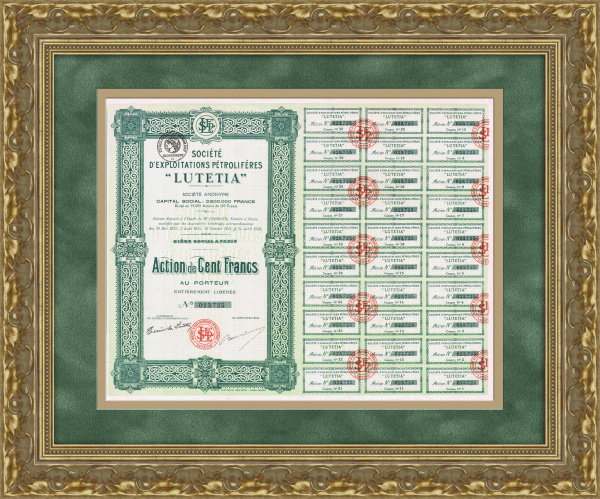 Нефтепереработка, акция французской компании "Lutetia" на 100 франков, с полным купонным листом Нефтепереработка, акция французской компании "Lutetia" на 100 франков, с полным купонным листом