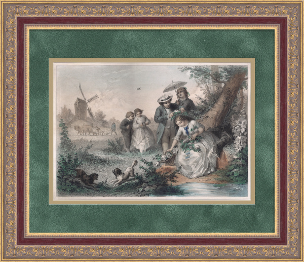 Весна. Большая французская гравюра с ручной раскраской Весна. Большая французская гравюра с ручной раскраской