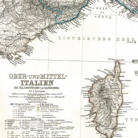 Северная Италия и остров Корсика.  Антикварная детализированная гравированная карта