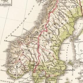 Швеция, Норвегия и Дания. Антикварная географическая карта. 1880-е гг.