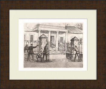 Ликвидация банды. Работа милиции, редкая советская гравюра