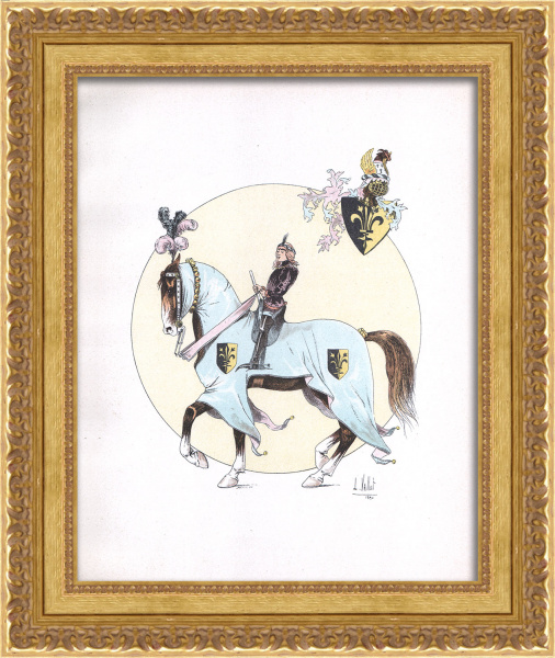 Паж на коне: въезд участников рыцарского турнира. Старинная гравюра 19 века