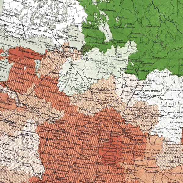 площадь казенных лесов в губерниях европейской россии относительно численности населения. старинная карта