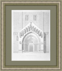 Вид на портал готического собора. Антикварная большая гравюра