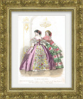 Викторианская мода в парижских фасонах: пышные бальные платья. Антикварная гравюра