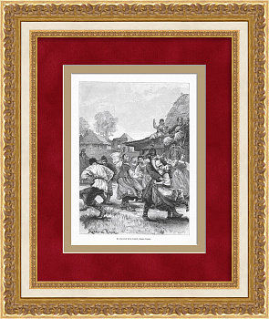 Русские танцы: хоровод и тропак. Старинная гравюра