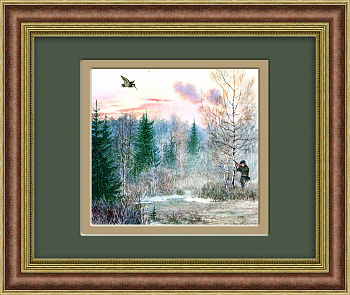 Охота на птицу в лесу. Тиражная иллюстрация