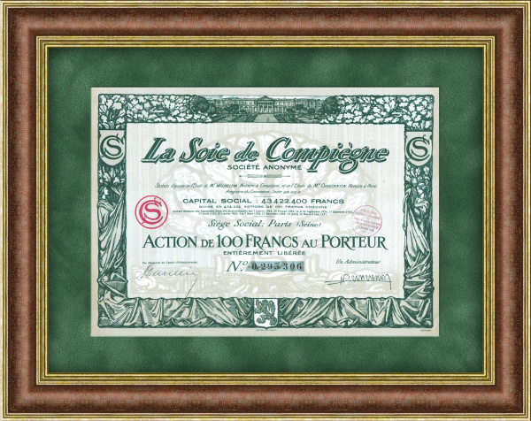 Акция компании по производству шелка и шин, La Soie de Compiegne, 1927 год