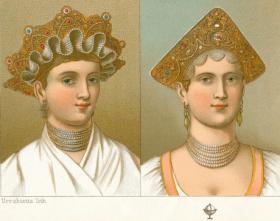 Русские женские головные уборы: виды кокошников, антикварная литография