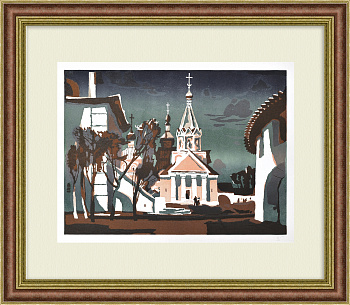 Псков, у храма. Авторская линогравюра