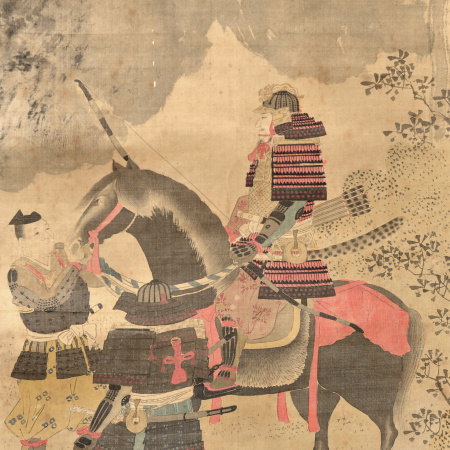 самурай минамото-но ёсие на коне. япония, живопись на шелке