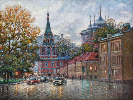Москва под осенним небом. Улица Большая Полянка.  Авторская, современная живопись