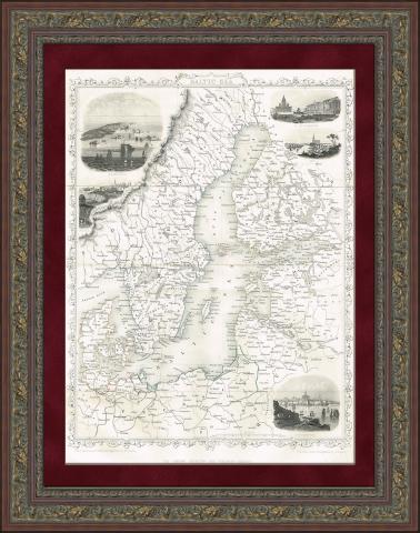 Балтийское море, старинная карта с гравюрами