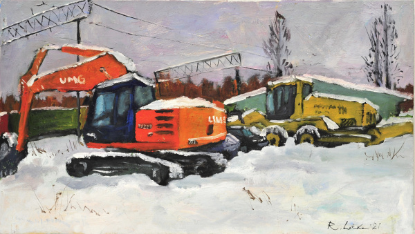 Строительная техника на зимней стоянке. Авторская живопись Строительная техника на зимней стоянке. Авторская живопись