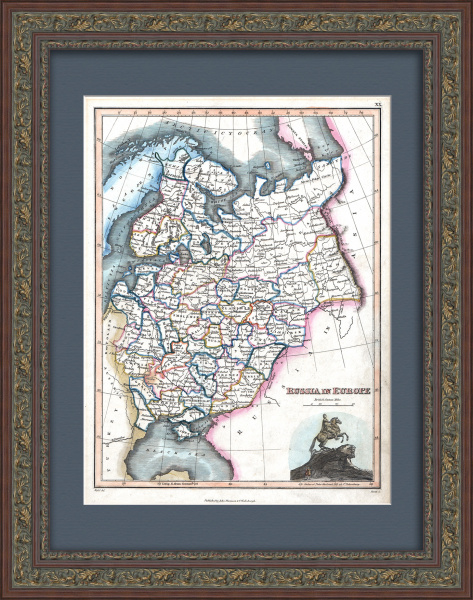 Гравированная карта Европейской России с виньеткой "Медный Всадник", 1824 г.